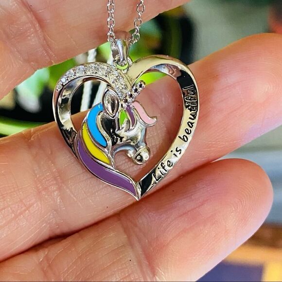 Unicorn Cz Heart Sterling Silver Necklace "Life Is Beautiful" - Picture 5 of 5